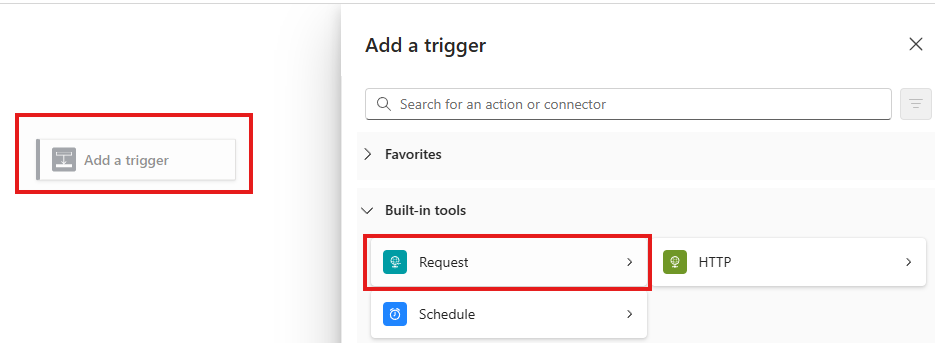 select when a HTTP request is received Select Action When a HTTP Request is Received