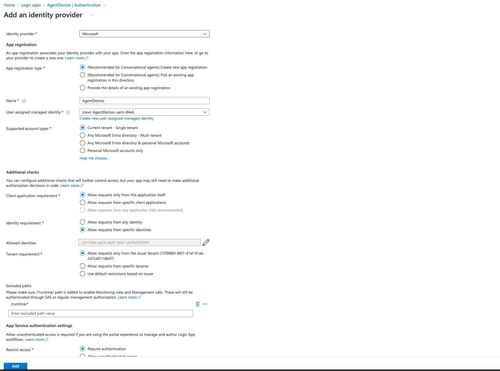 Screenshot shows Azure portal, Standard logic app resource and Easy Auth Auth setup.