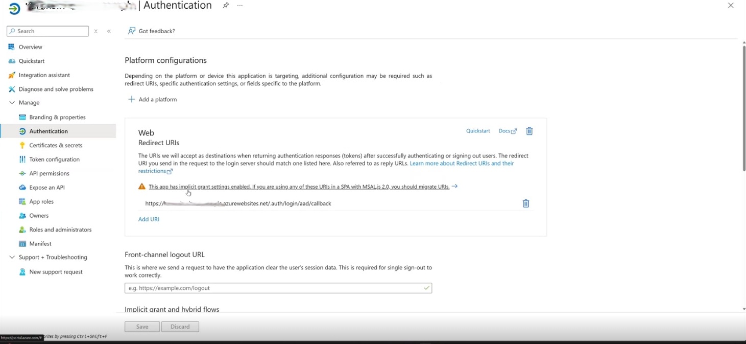 Screenshot of AAD authentication page after save.