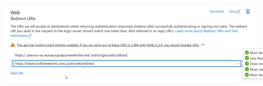Screenshot of AAD authentication redirection url save.