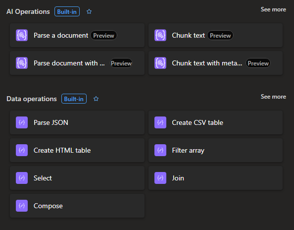 Image showing AI Operations and Data Operations action groups.