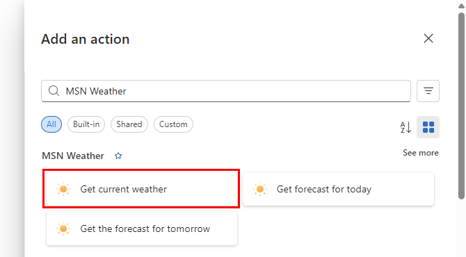 Screenshot shows Add an action pane and MSN Weather connector actions.