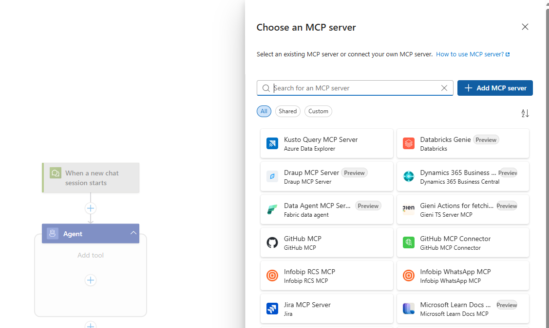 Screenshot shows the button to select a BYO MCP server.