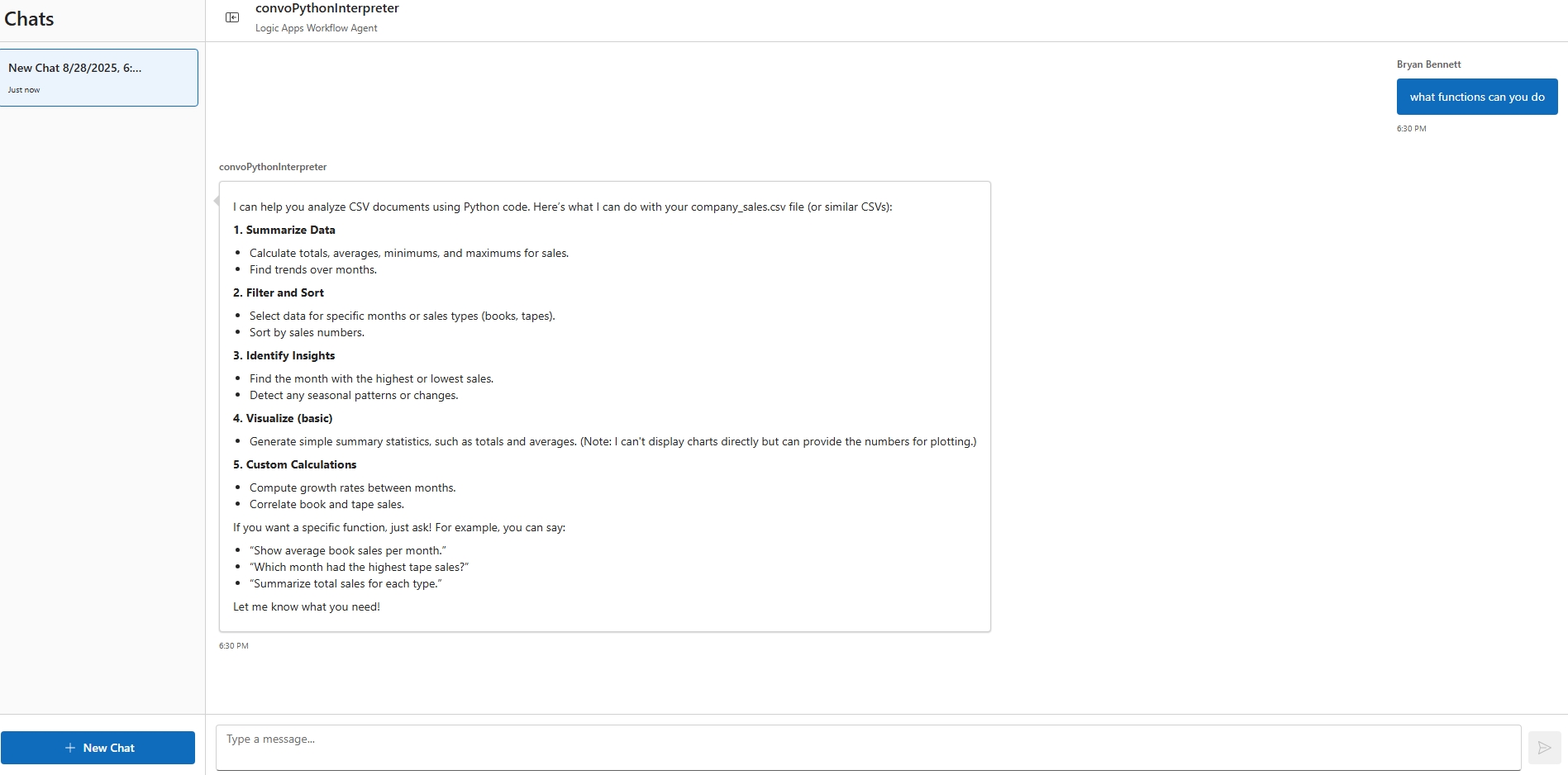 Screenshot shows the chat interface after asking an initial question.