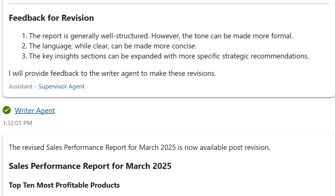 Screenshot shows Writer Agent revising sales performance report draft.