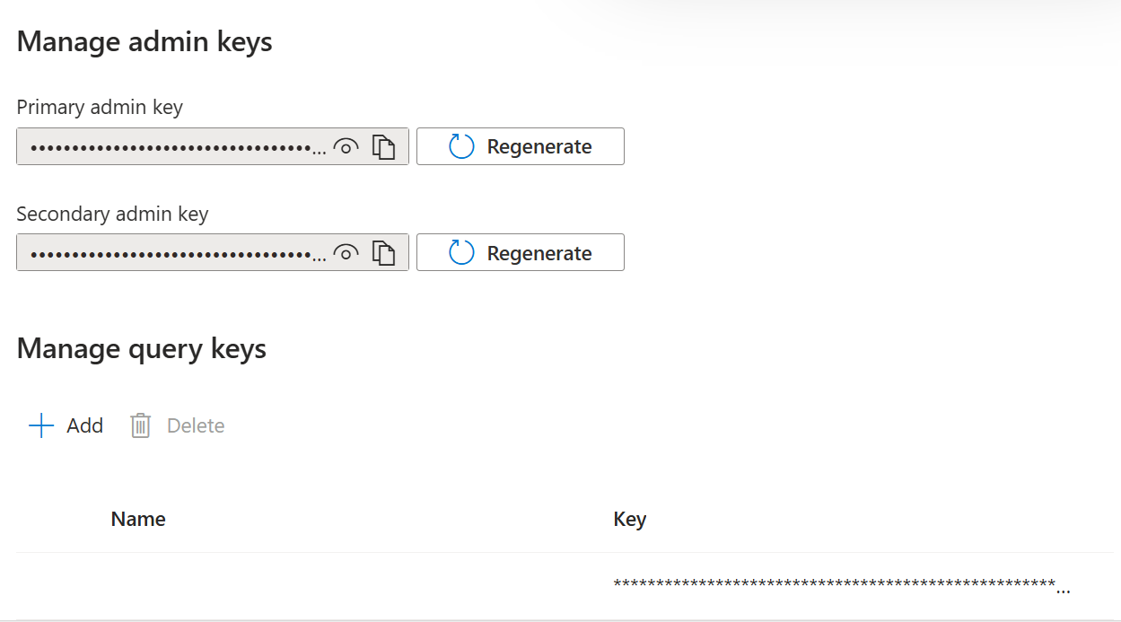 Screenshot shows Azure AI Search Keys.