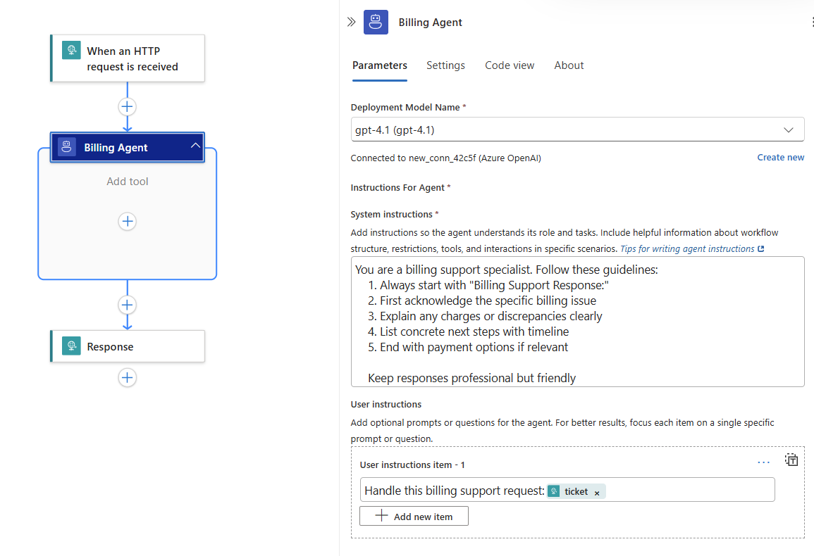 Screenshot showing the completed billing  agent.
