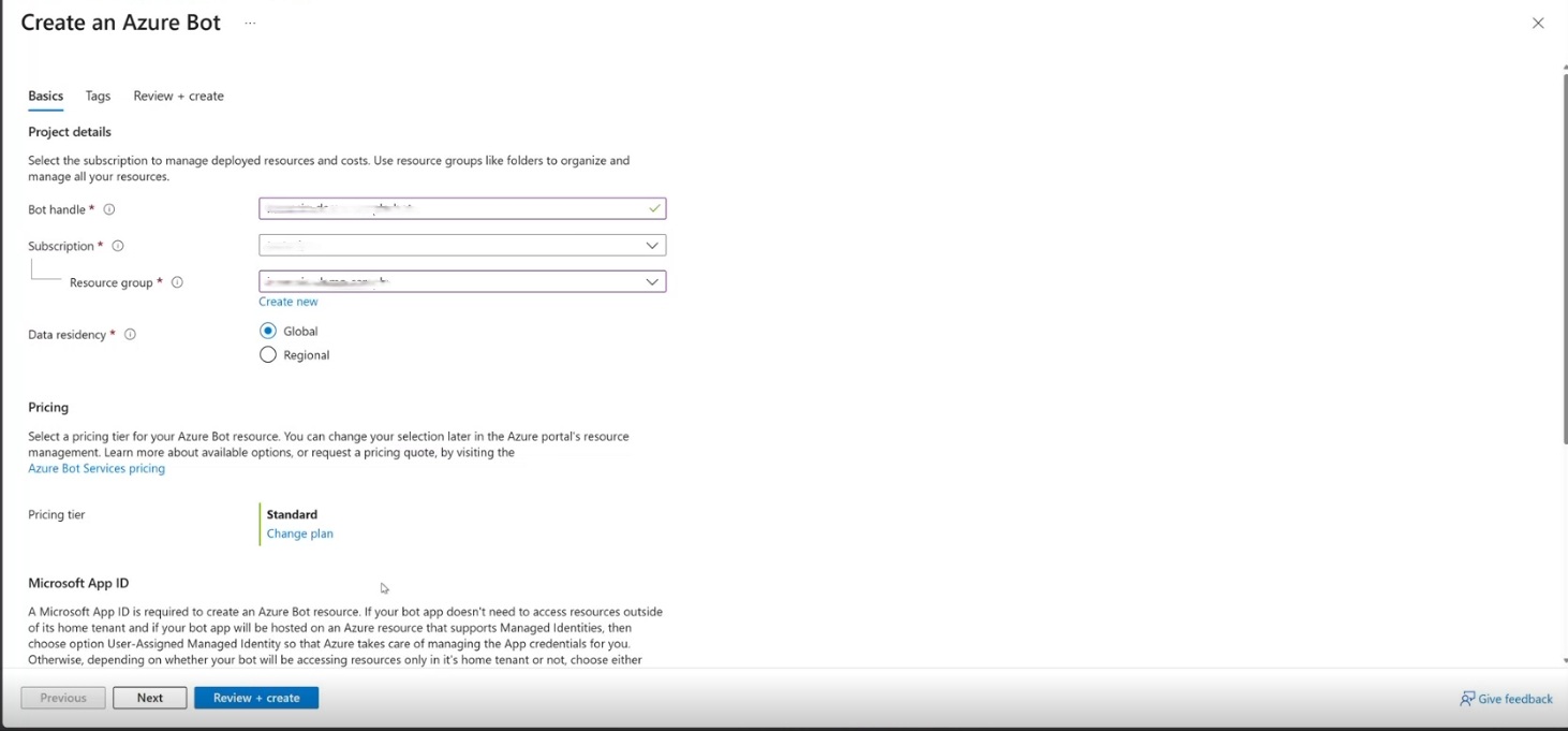Screenshot of Azure Bot service create with values page.