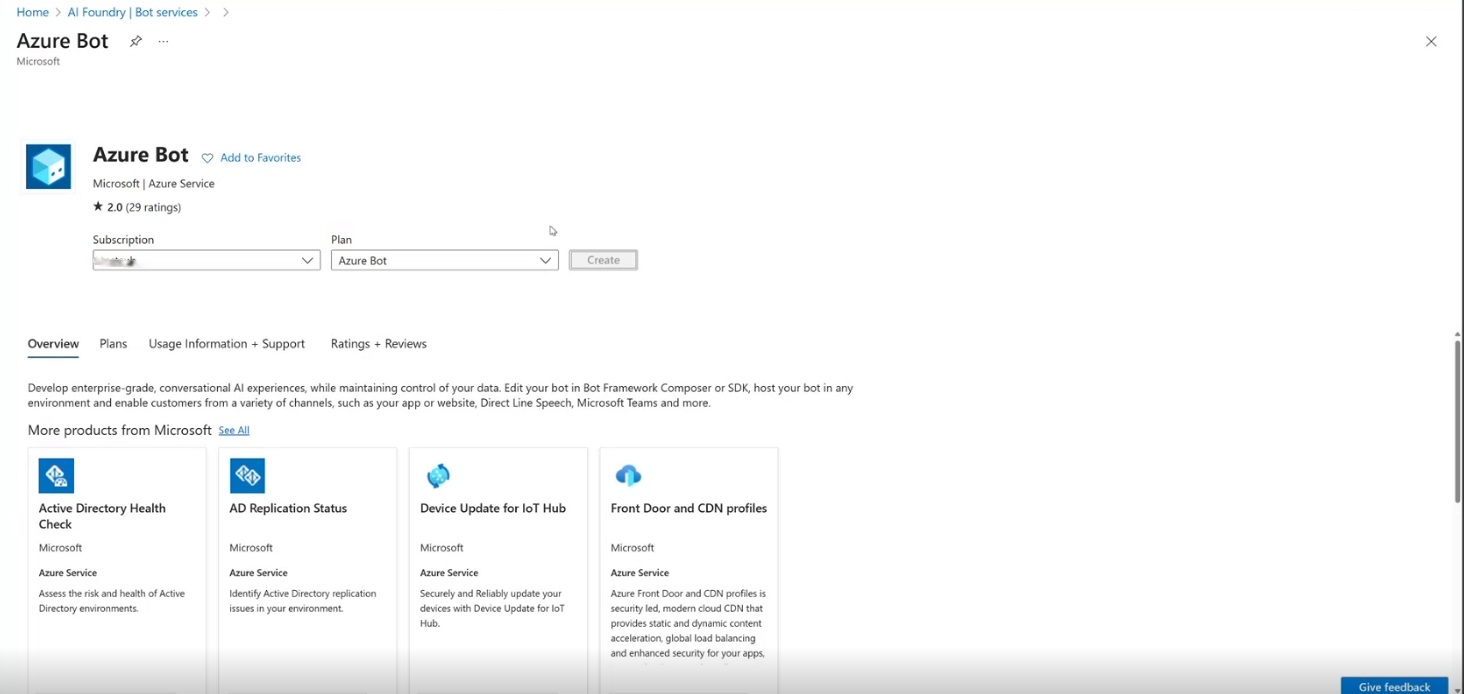 Screenshot of Azure Bot service create page.