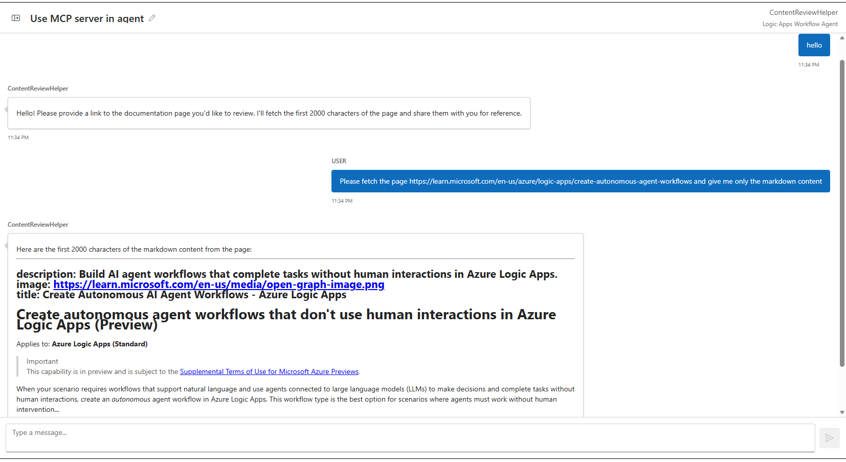Screenshot shows an example chat session.