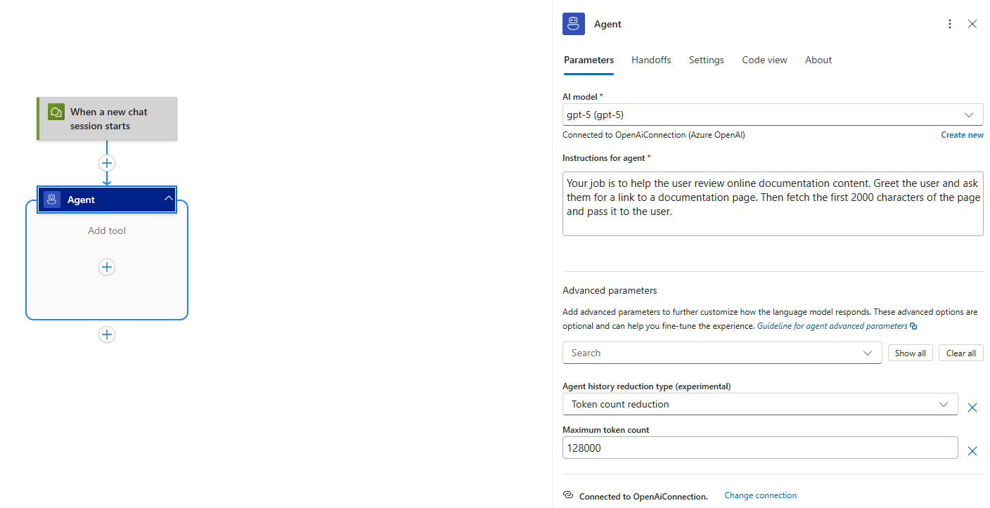 Screenshot shows configured agent with system prompt.