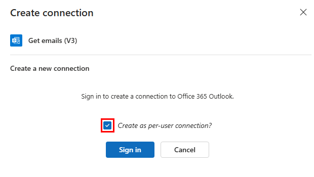 Screenshot shows Outlook action with selected per-user delegated connection option.