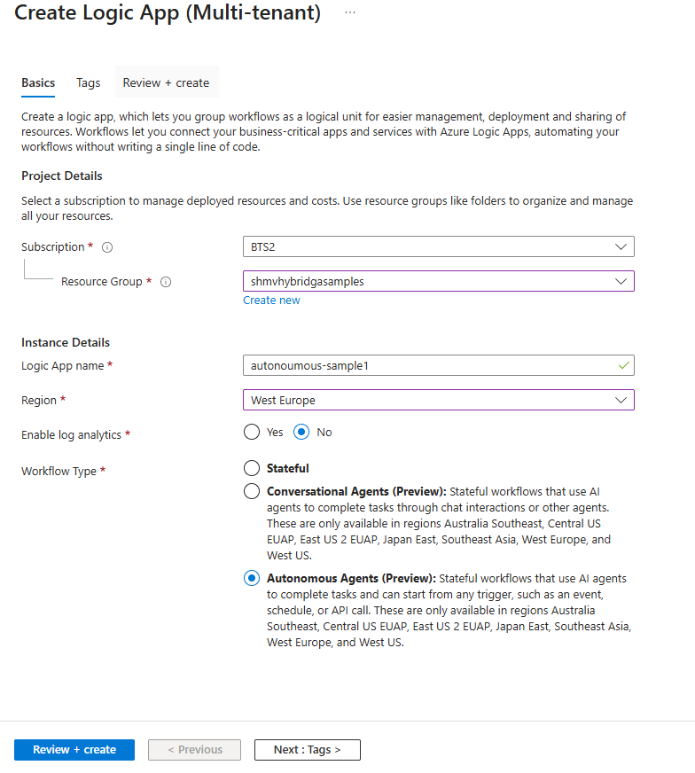 Screenshot shows an example of create Logic App blade
