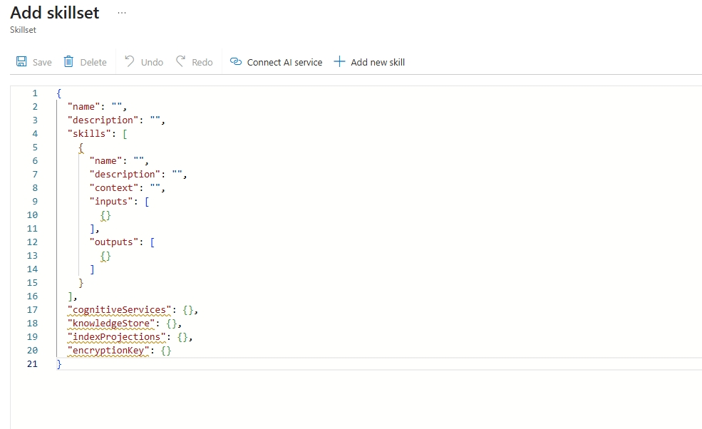 Screenshot showing default skillset JSON page.