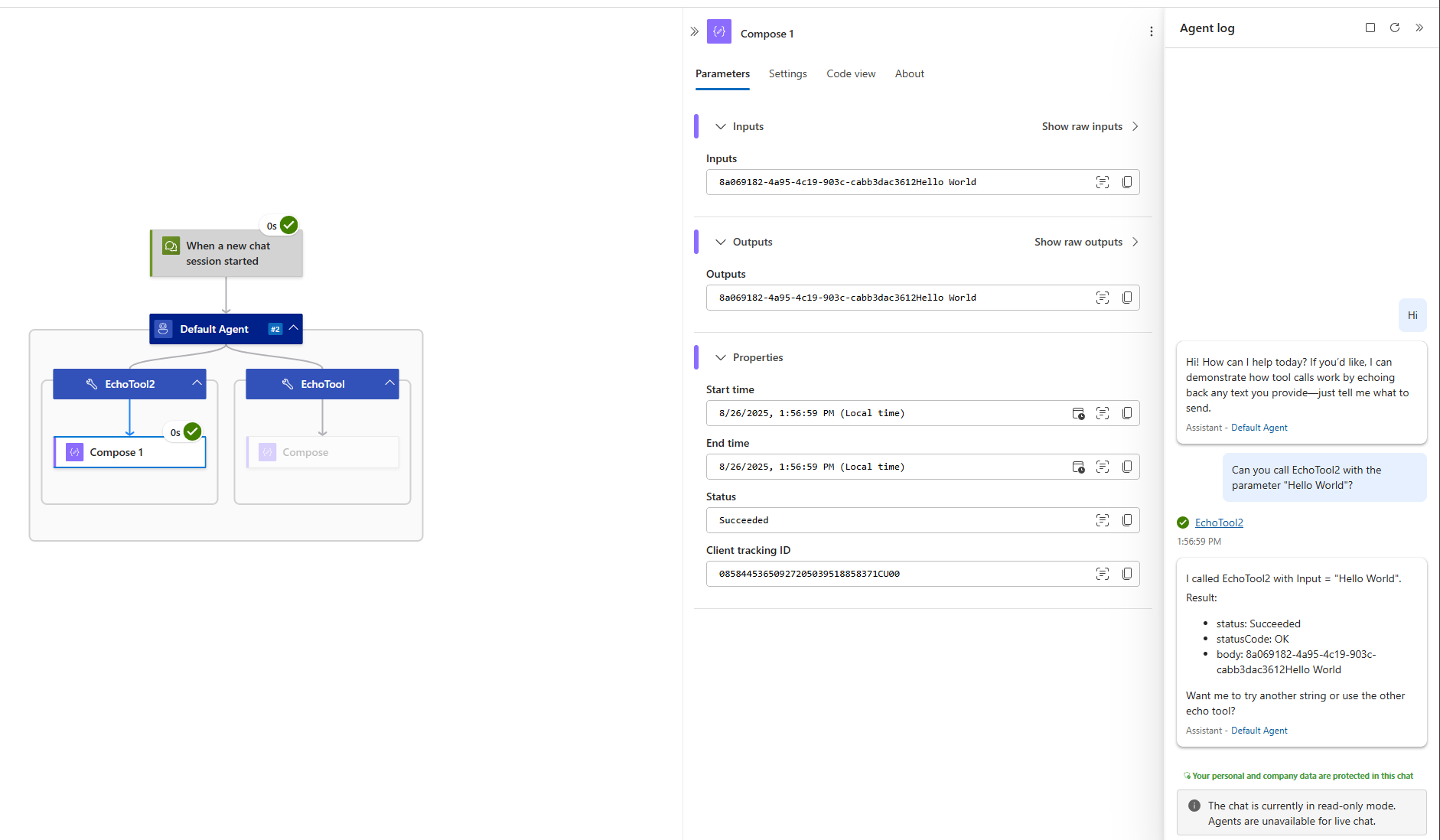 Monitoring view of action second agent interaction of &#39;echo&#39; agent