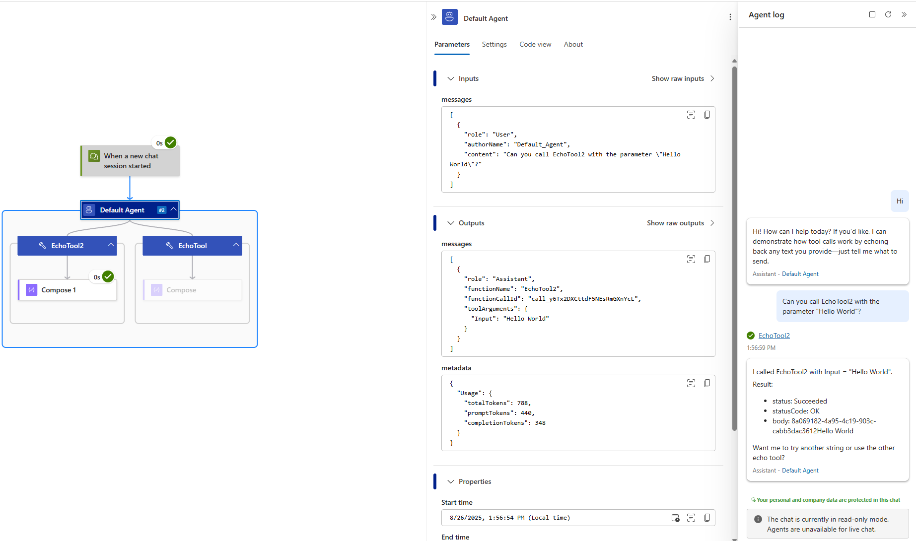 Monitoring view of tool in second agent interaction of &#39;echo&#39; agent