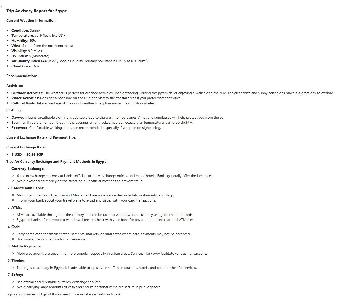 Screenshot shows Trip Advisory Report for Egypt.