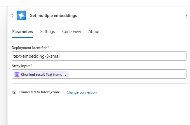 Screenshot of get embeddings action.
