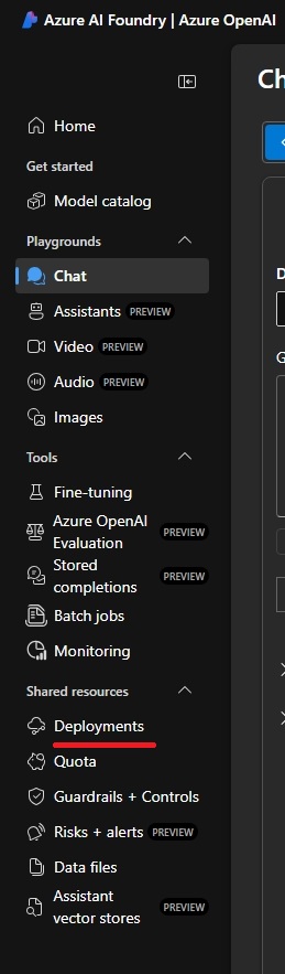 Screenshot of Azure Foundry left side menu.