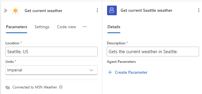 Screenshot shows MSN Weather action set up for Seattle, US.