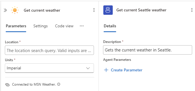 Screenshot shows MSN Weather action and tool.