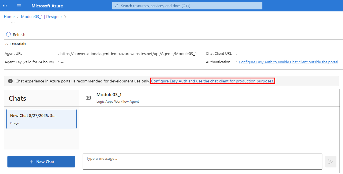 Screenshot shows link to chat client outside the portal when Easy Auth is set up.