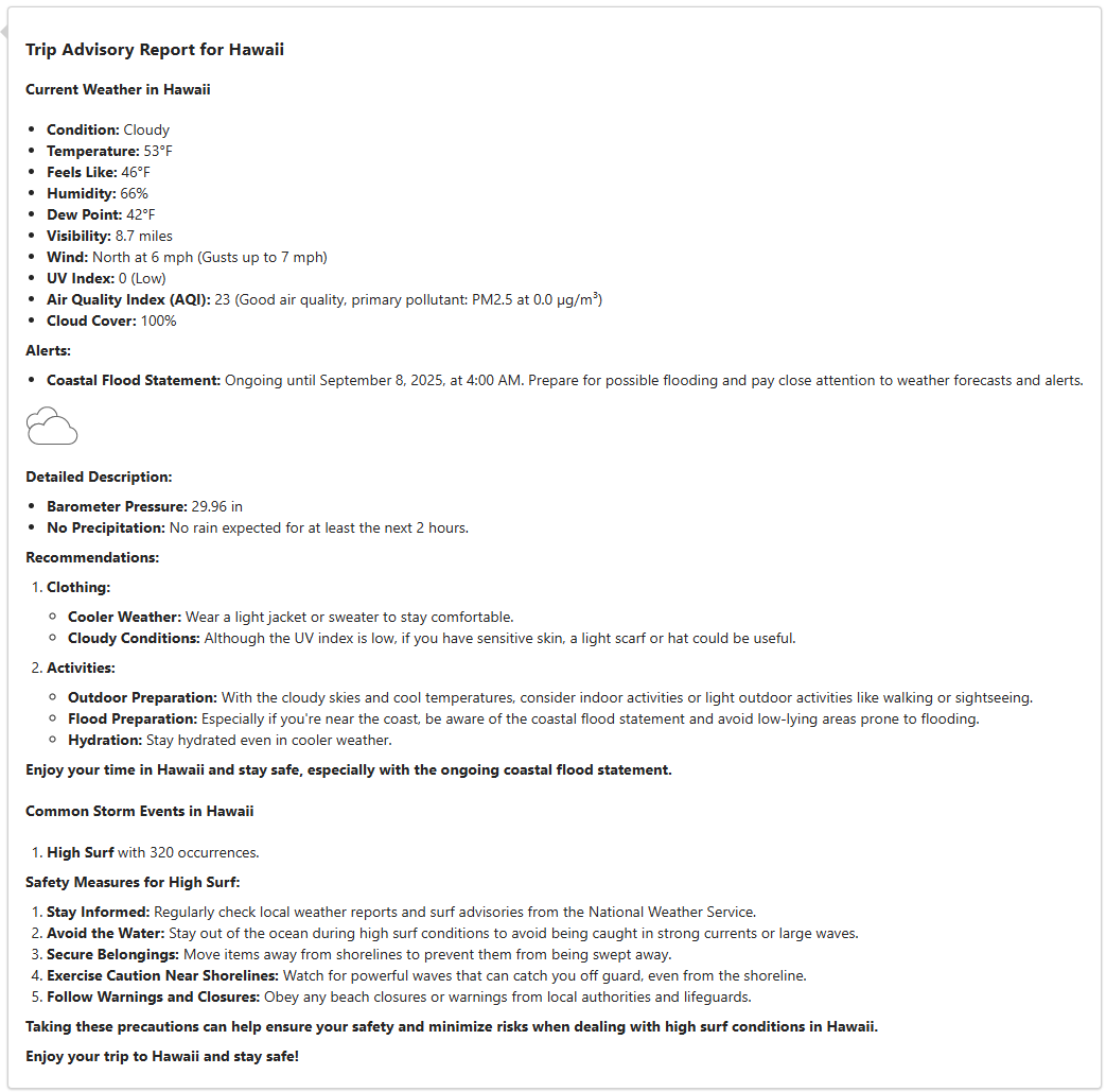Screenshot shows Trip Advisory Report for Hawaii.