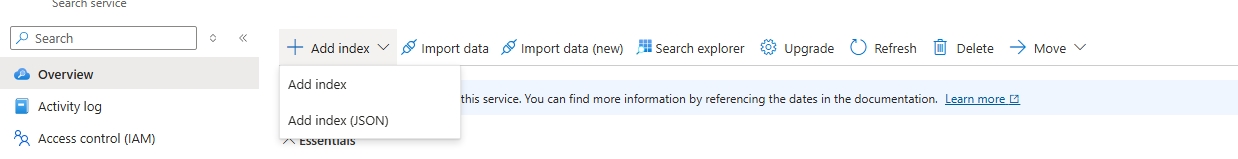 Screenshot of Add index button.