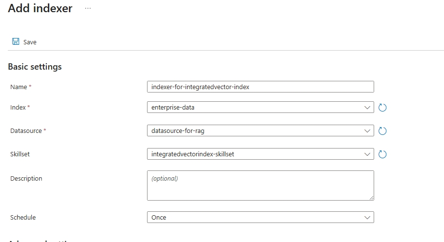 Screenshot of indexer creation.