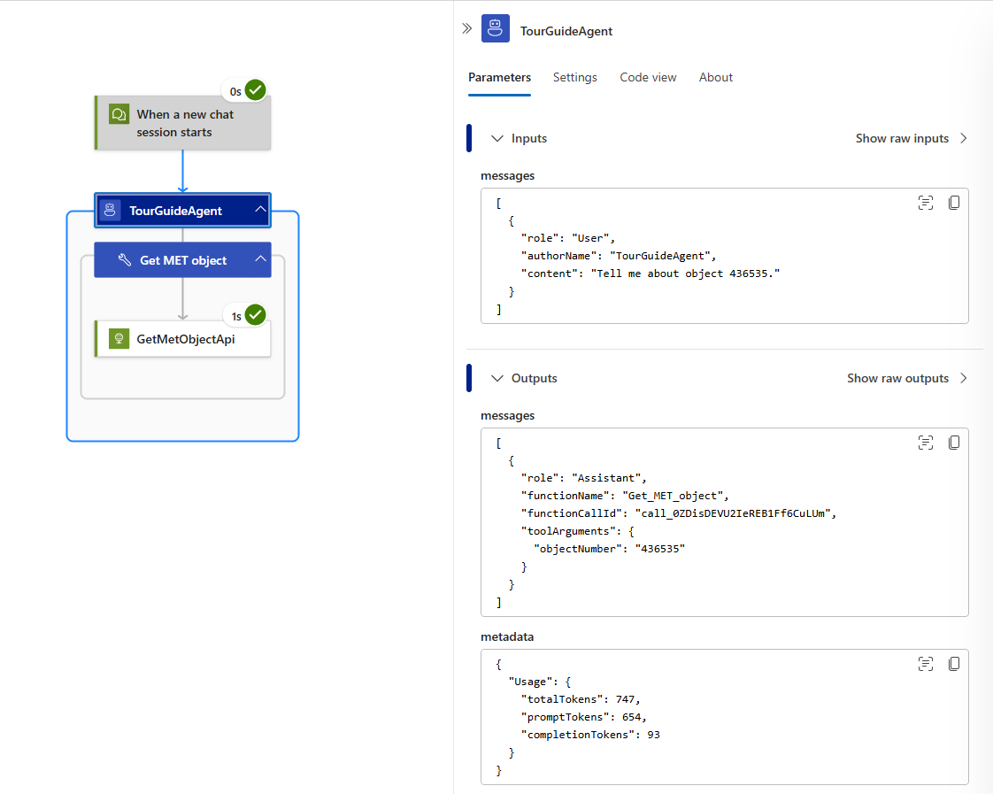 Screenshot shows inspecting the inputs and outputs of an agent action iteration