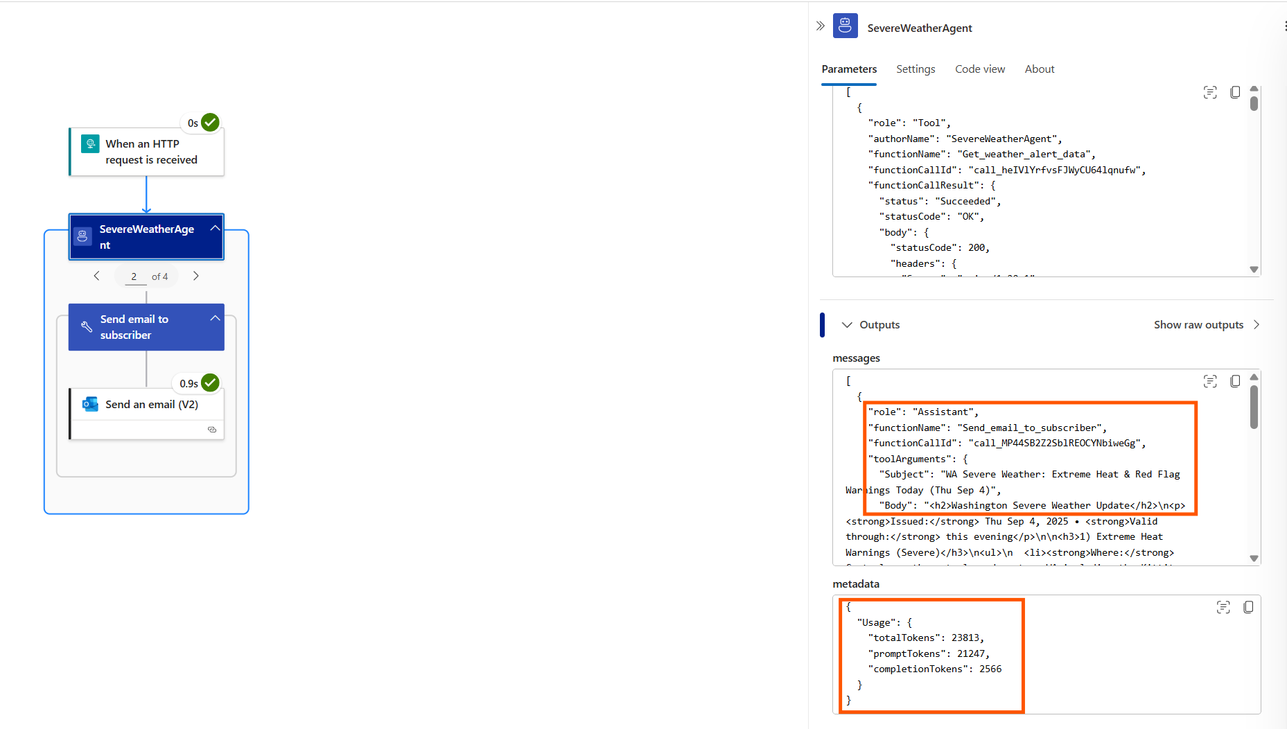 Screenshot shows inspecting the inputs and outputs of an agent action iteration
