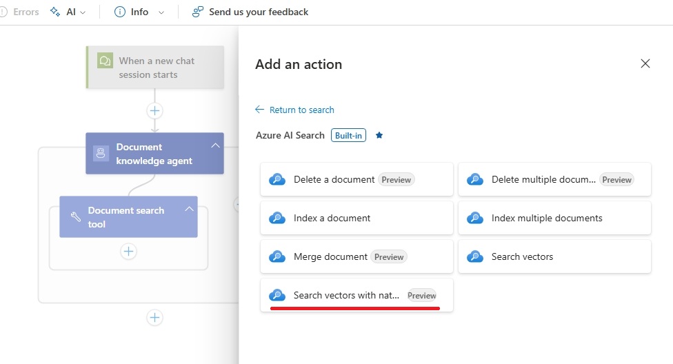 Screenshot of Azure AI Search available actions.