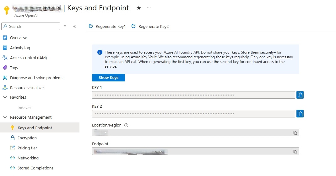 Screenshot of api key and endpoint page of AI Search.