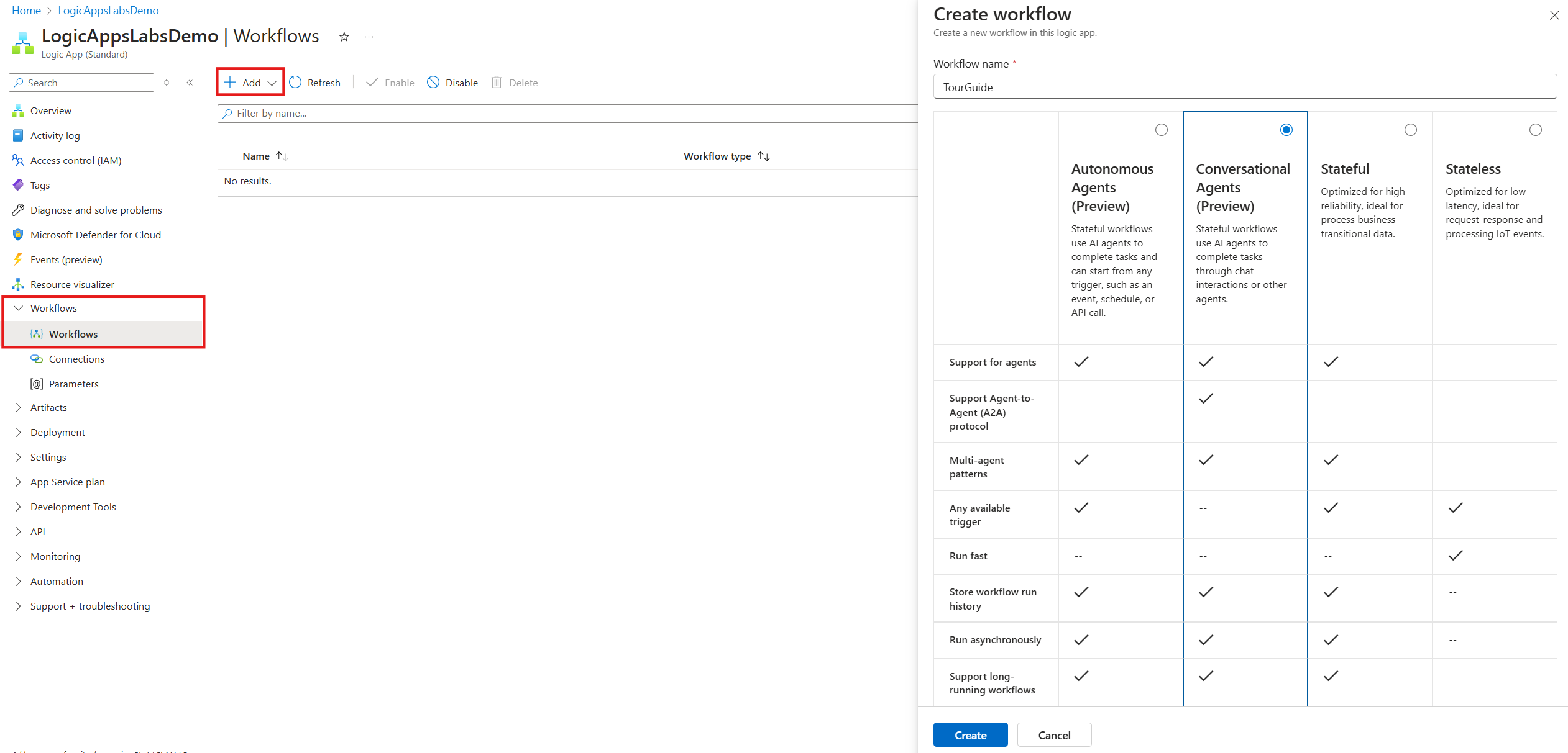 Screenshot shows adding a new conversational workflow