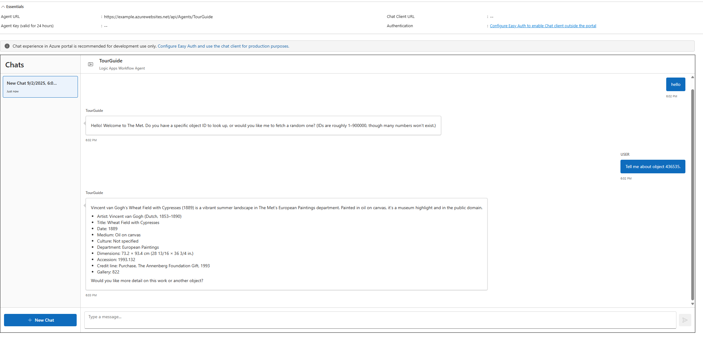 Screenshot shows an example chat session with the agent