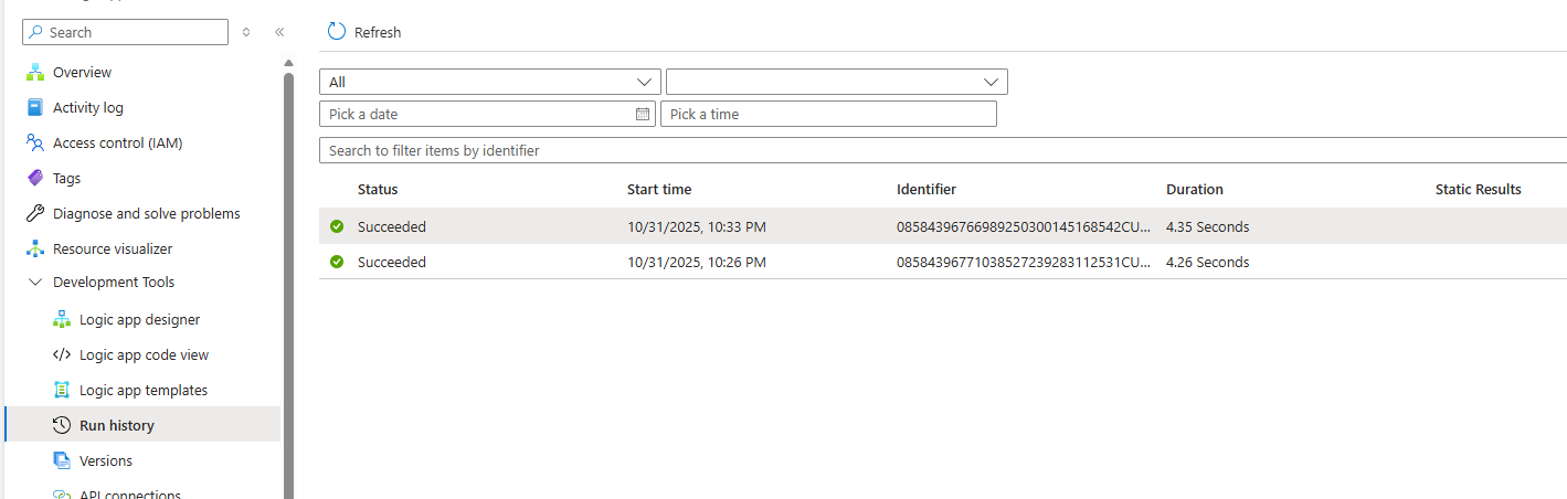 Screenshot shows the run history for the workflow