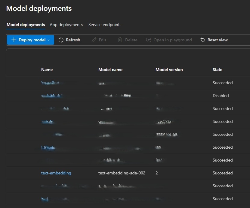 Screenshot of Foundry model deployments.