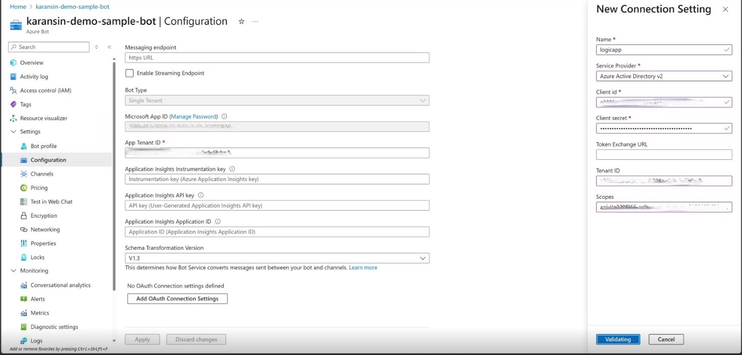 Screenshot of Azure Bot service OAuth create page.
