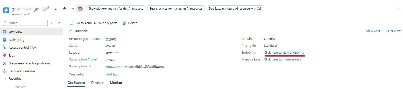 Screenshot of Overview page of OpenAI resource