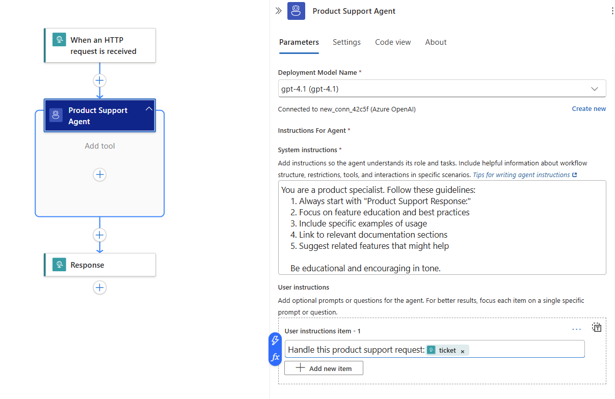 Screenshot showing the completed product support agent.