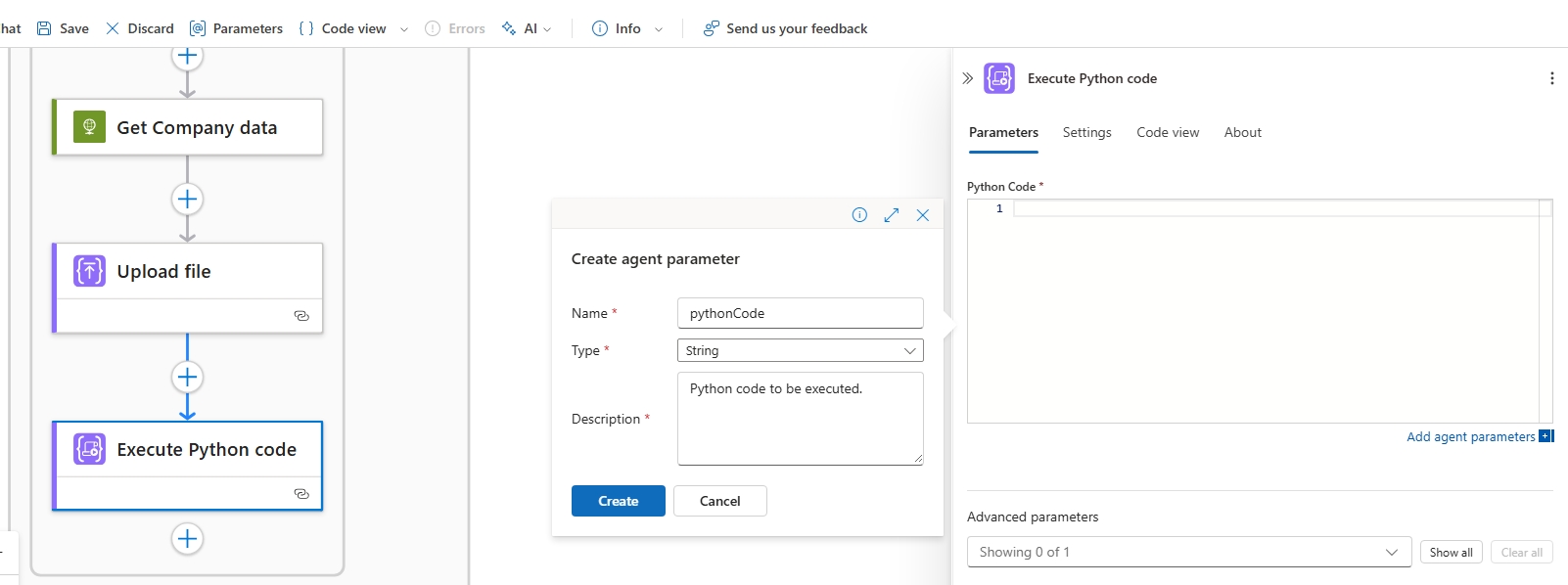 Screenshot show adding an agent parameter to the Python code executor action.