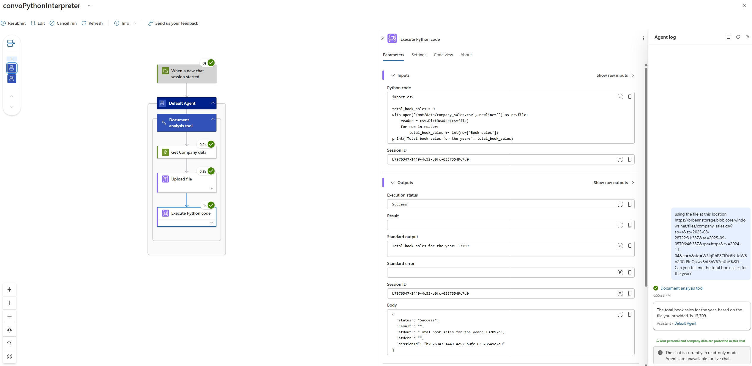 Screenshot shows monitoring view with successful Python code execution
