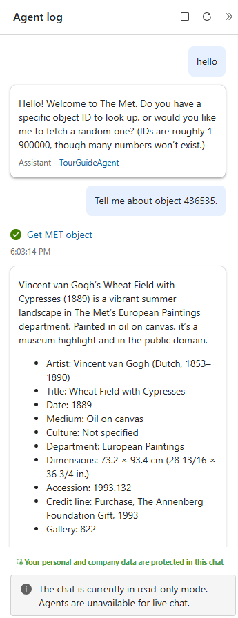 Screenshot shows the agent log in the run history