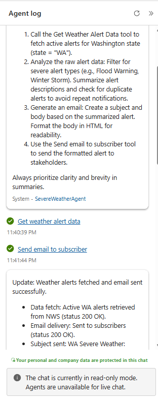 Screenshot shows the agent log in the run history