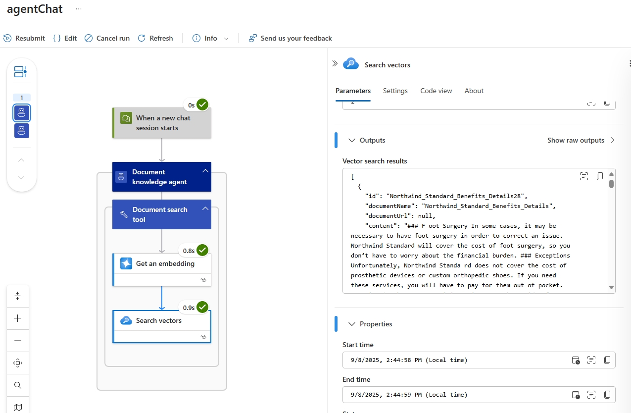 Screenshot of run history vector search output.
