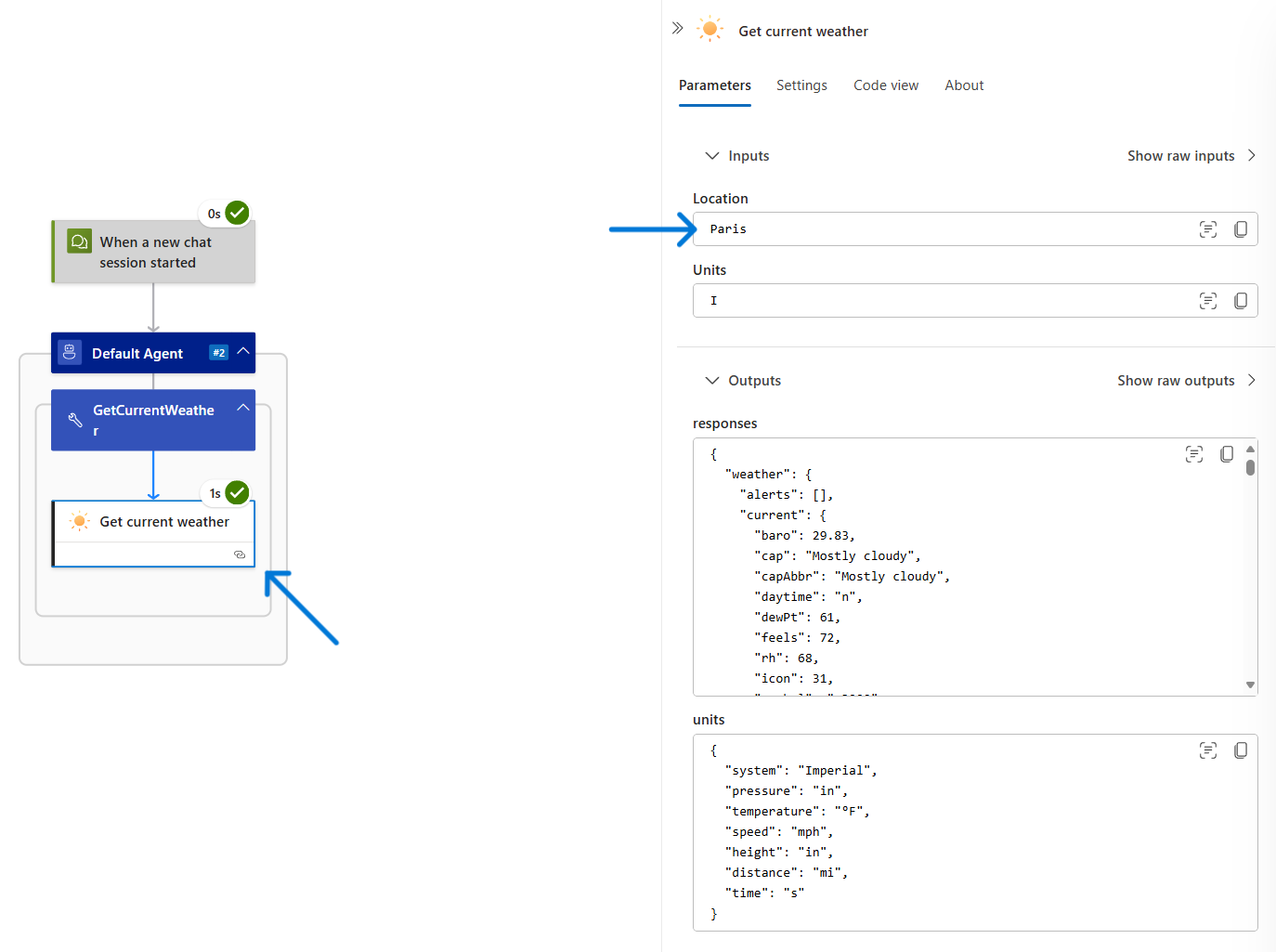 Agent parameter monitoring view showing action