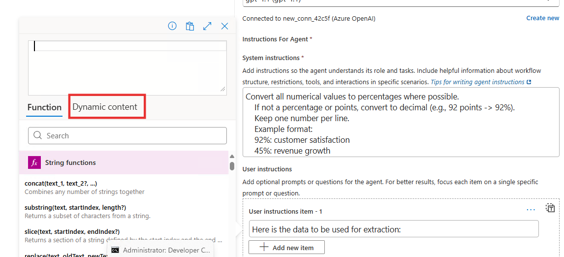 Screenshot shows the Dynamic Content tab in the function editor.