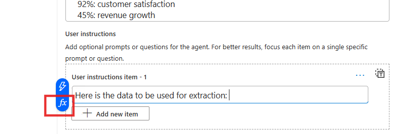 Screenshot shows the function editor in the context of user instruction input field.