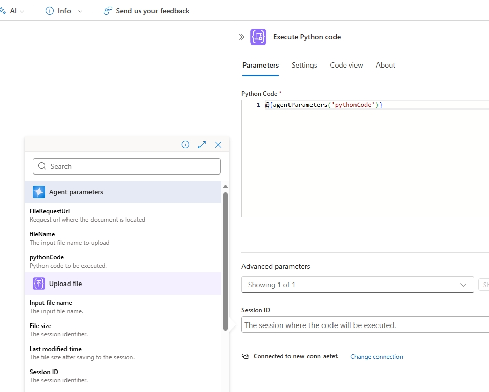 Screenshot show adding an agent parameter to the Python code executor action.
