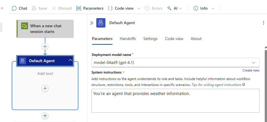 Screenshot shows agent information pane and system instructions.
